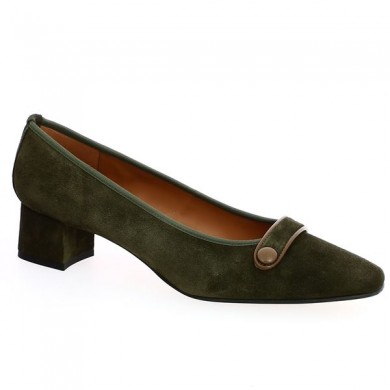 Small khaki green heel shoe, large size, profile view