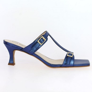 blue leather mule with square toe, large size, side view