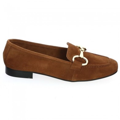 Mocassin croute de cuir Camel chaine dorée grande pointure, vue coté