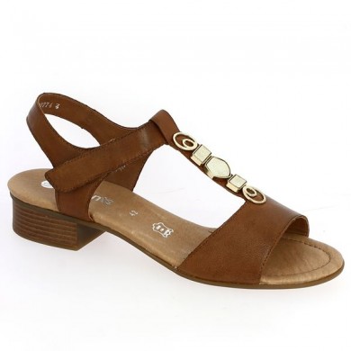 small heel sandal with camel jewels large size, profile view