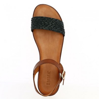 braided leather sandal camel and black large size woman, top view