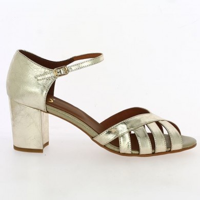 open gold pump with counter heel and strap, side view