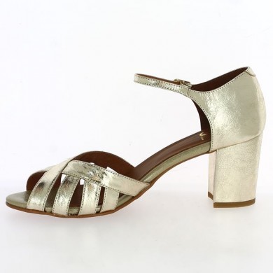 open toe gold heel sandal with heel strap, inside view