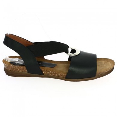 elasticated black leather sandal with metallic ring large size woman Shoesissime, side view