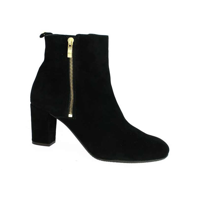 Women's large size black velvet heel boots with gold zip, profile view