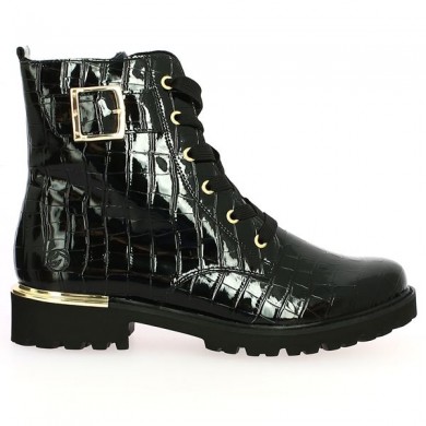 Women's large boot D8683-02 patent laces and gold, side view