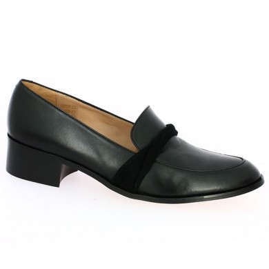 women's black leather moccasin draped in velvet, large size, profile view