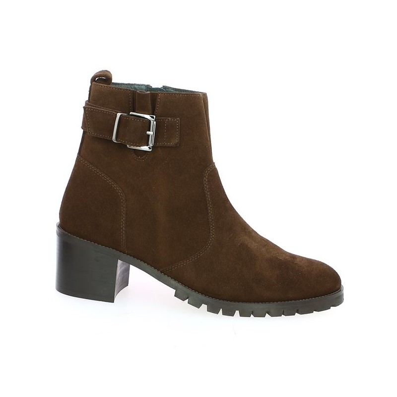 Shoesissime women's large brown velvet square heel ankle boots, profile view