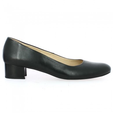 Black leather small heel large size woman shoe, side view