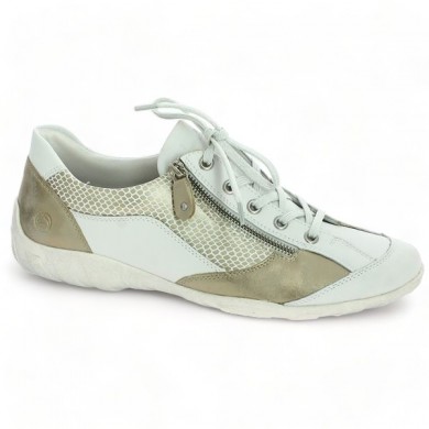 City sneakers Remonte white and gold leather R3410-81 large size zipper, profile view