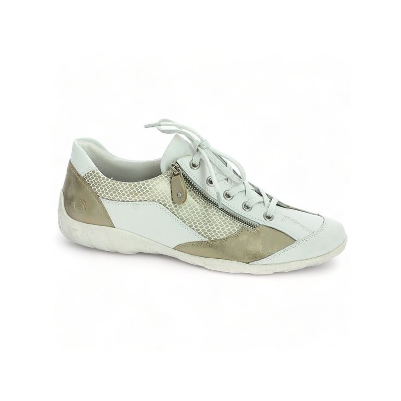 City sneakers Remonte white and gold leather R3410-81 large size zipper, profile view