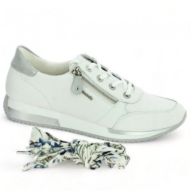 white and silver leather sneakers fancy blue laces large size woman Shoesissime, profile view