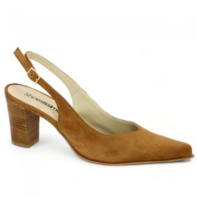 large size camel open heel pump, profile view