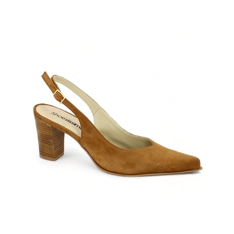 large size camel open heel pump, profile view