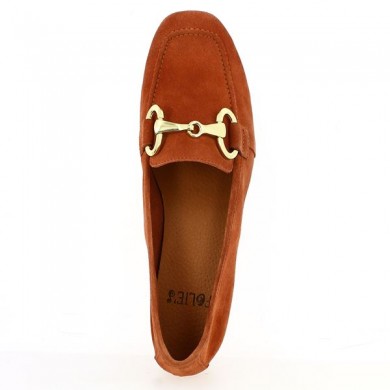 Women's moccasin large size ochre peach velvet gold chain, top view