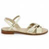 women's large size flat sandal with gold bow, side view