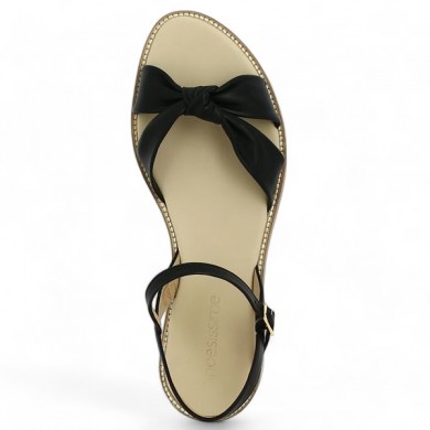 flat black leather sandal 42, 43, 44, 45 women bow, top view