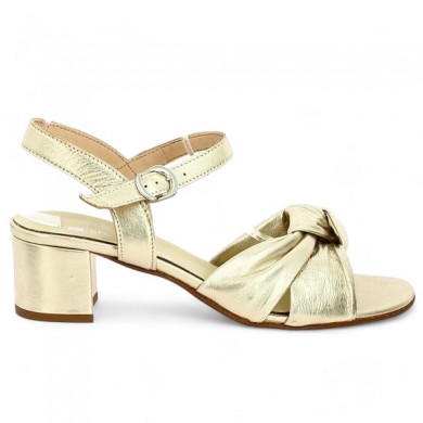 gold sandal with large heel, women's size, side view