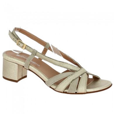 Shoesissime tall gold sandal chic multi-strap square heel, profile view