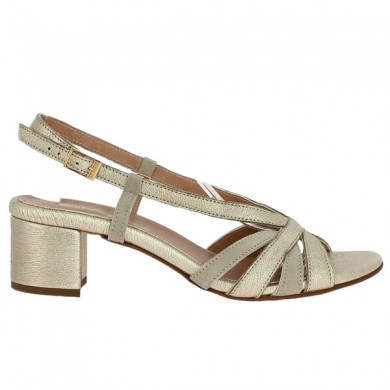 beige and gold sandal large size with square heel multi-strap Shoesissime, side view