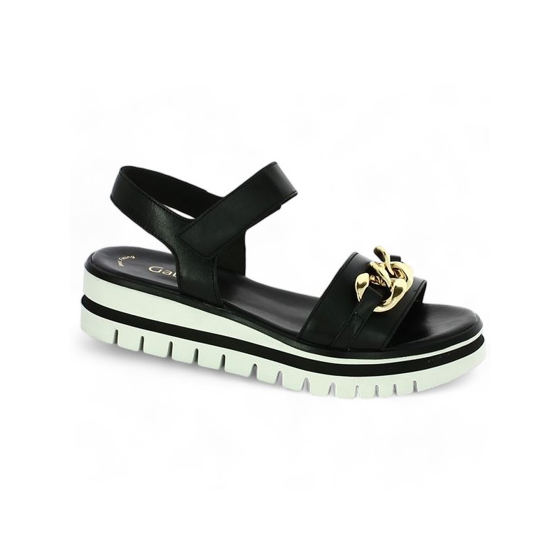 black wedge sandal with gold chain 42, 42.5, 43, 44 Gabor 44.624.27 Shoesissime, profile view