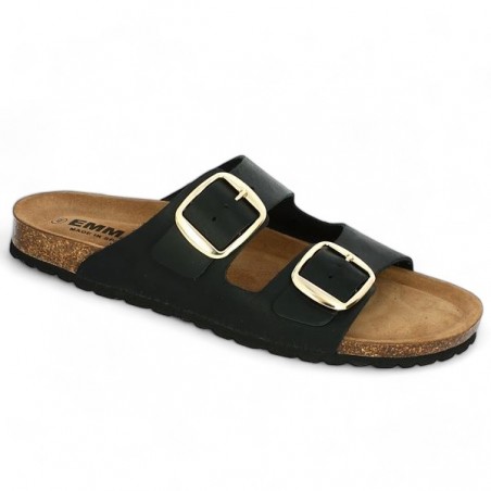 mule noire liège 2 boucles dorées femme 42, 43, 44, 45 Shoesissime, vue profil mule noire liège 2 boucles dorées femme 42, 43, 44, 45 Shoesissime, vue profil