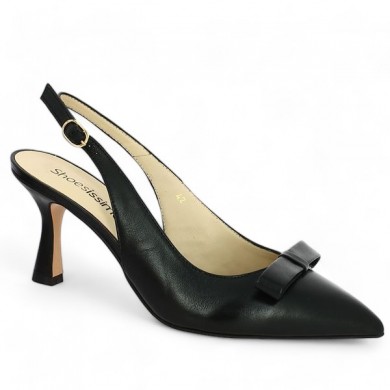 Shoesissime black leather pointed toe open back heels, profile view