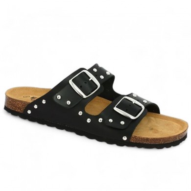 black mule 2 studs large size ergonomic cork sole, profile view