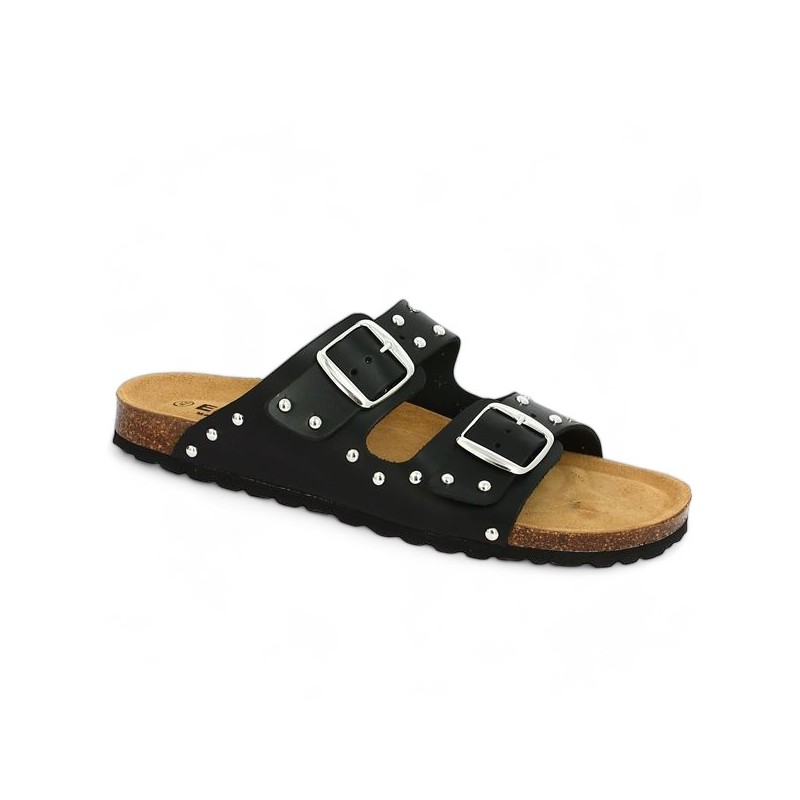 black mule 2 studs large size ergonomic cork sole, profile view