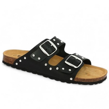 black mule 2 studs large size ergonomic cork sole, profile view black mule 2 studs large size ergonomic cork sole, profile view