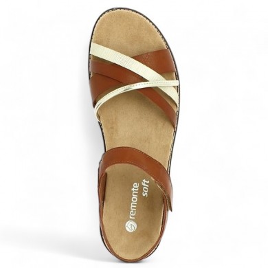 Women's D2058-24 comfort sandals Remonte 42, 43, 44, 45 straps camel and gold Shoesissime, top view