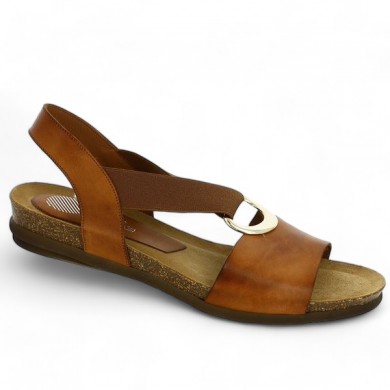 Xapatan large size elasticized sandal camel metal ring, profile view