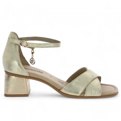 Remonte women's large gold ankle strap sandal with heels, side view
