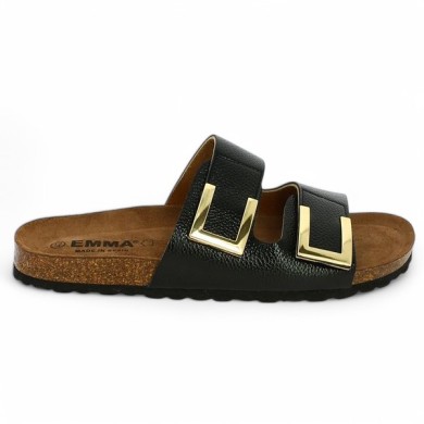 nu-pieds femme cuir noir grande taille élégante détails dorés Shoesissime, vue coté