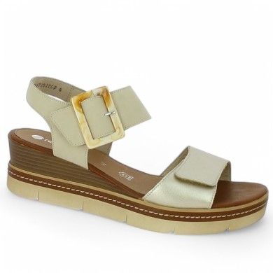 D2L53-60 nu-pieds talon compensé grande taille beige et doré Remonte Shoesissime, vue profil