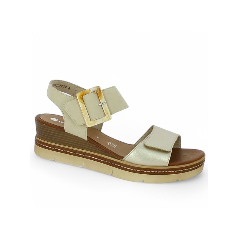 D2L53-60 nu-pieds talon compensé grande taille beige et doré Remonte Shoesissime, vue profil