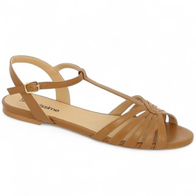 Angelina - Nude-piedes plat salomé cuir camel - Sandale grande pointure femme - Shoesissime