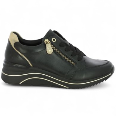 D0T03-03 Basket semelle compensée Remonte noire et dorée 42, 43, 44, 45, vue coté