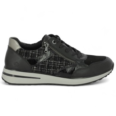 D1G08-06 Sneakers noire tweed 42, 43, 44, 45 femme Remonte Shoesissime, vue coté