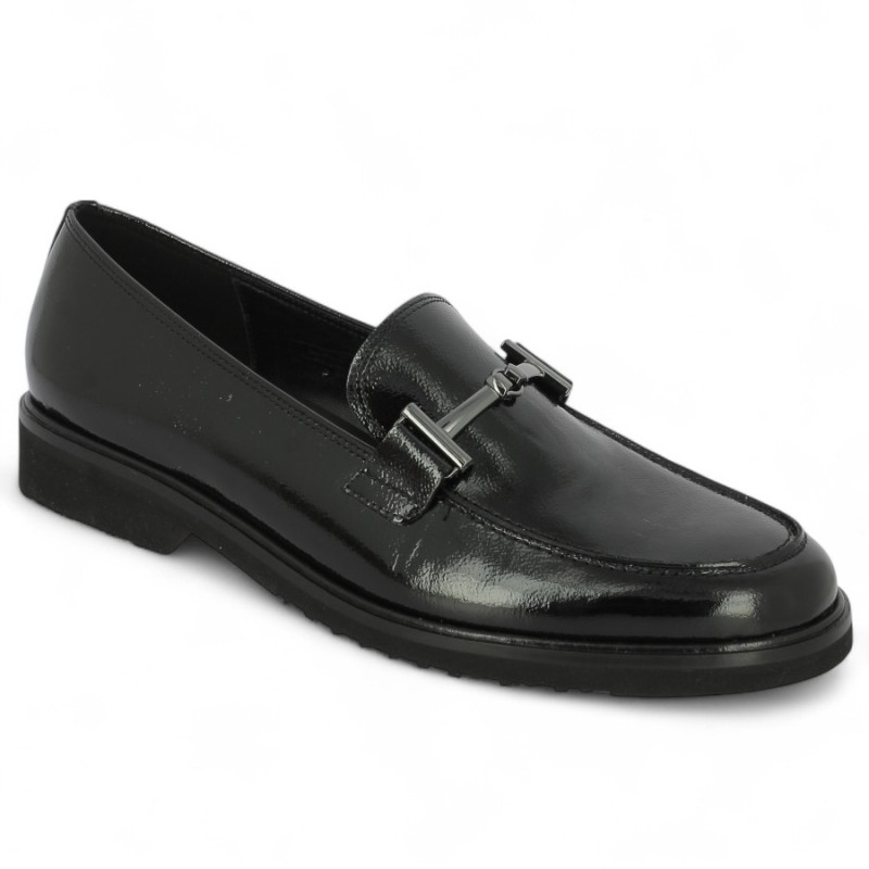 75.211.97 Mocassin Gabor grande taille cuir vernis noir et chaine Shoesissime, vue profil