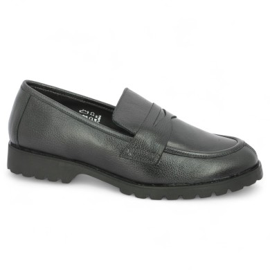 Mocassin en cuir gris métallisé semelle épaisse crantée grande pointure femme 42 43 44 45 Shoesissime, vue profil Mocassin en cuir gris métallisé semelle épaisse crantée grande pointure femme 42 43 44 45 Shoesissime, vue profil