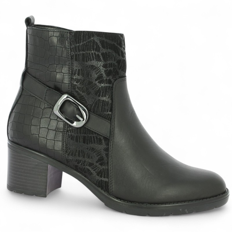 D2A75-00 Bottine noire à talon Remonte cuir et textile irisé grande pointure femme 42 43 44 45, vue profil