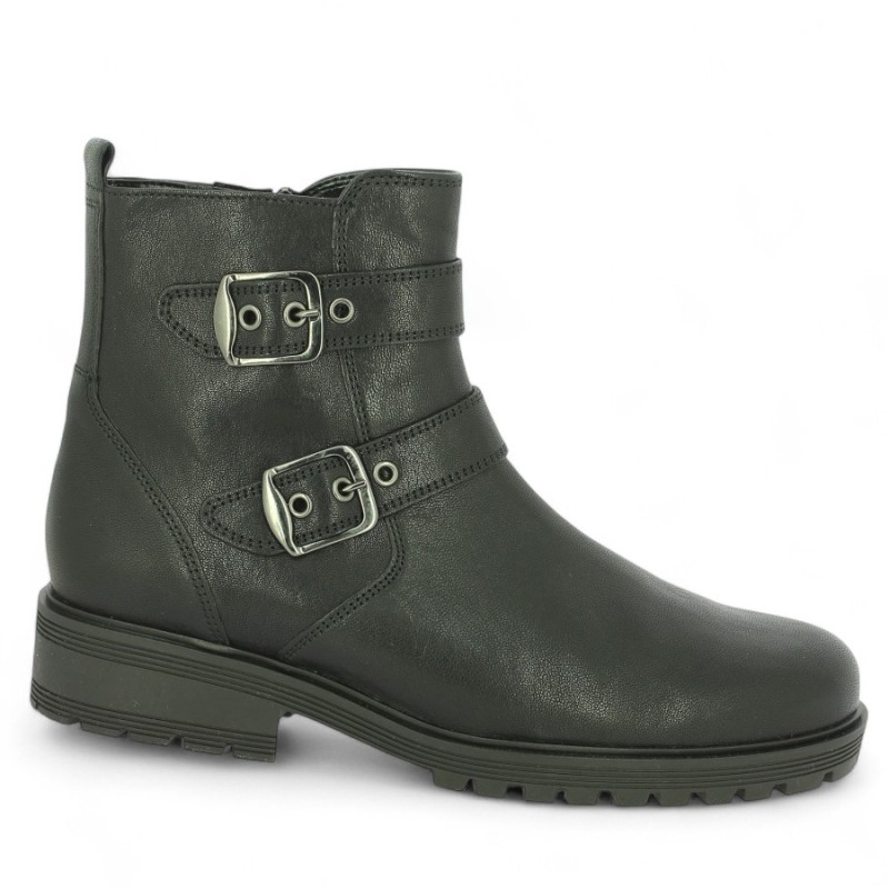 72.762.57 Boots motardes en cuir noir avec brides métalliques grande pointure femme Gabor Shoesissime, vue profil