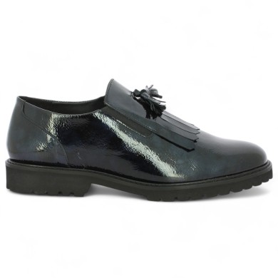 Chaussure élégante mocassin noir vernis fabriqué au Portugal grande taille femme, vue coté