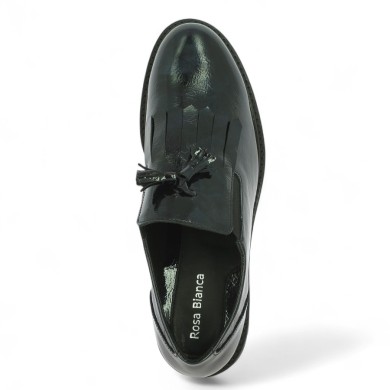 mocassin cuir vernis noir franges et élastiqué coup de pied grande taille femme, vue dessus