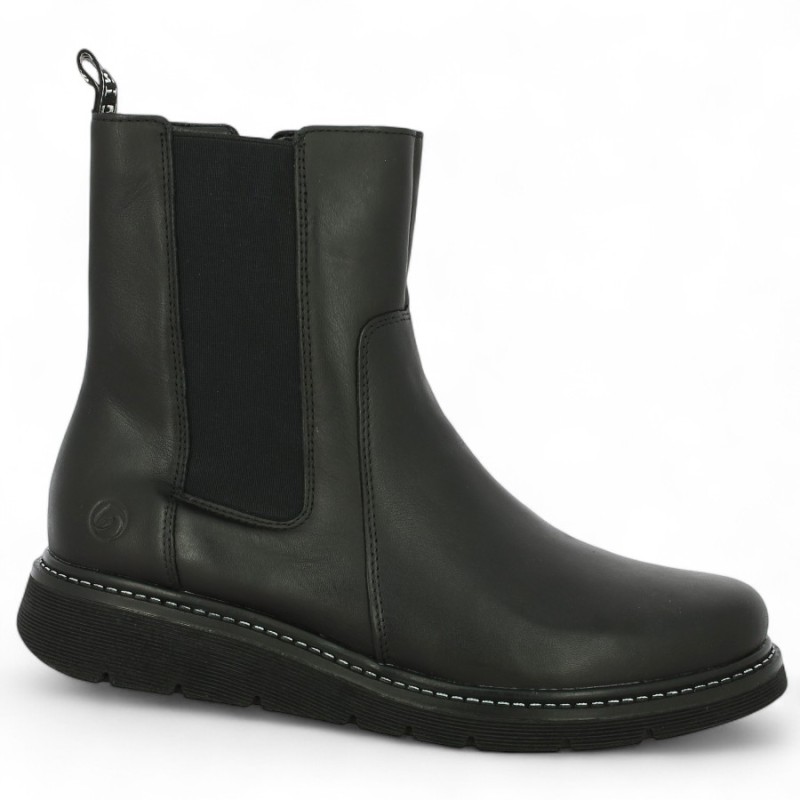 D3970-01 Bottines Remonte noire semelle plate cuir noir 42, 43, 44, 45 femme Shoesissime, vue profil