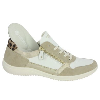 Baskets 42, 43, 44, 45 femme Remonte semelle amovible Cuir blanc beige doré , vue détails