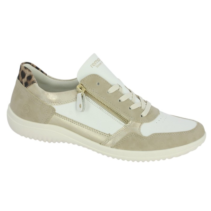 D1E06-82 Tennis Cuir blanc beige doré léopard grande taille femme Shoesissime, vue profil