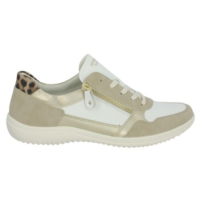D1E06-82 Baskets Remonte Cuir blanc beige doré léopard 42, 43, 44, 45, vue coté