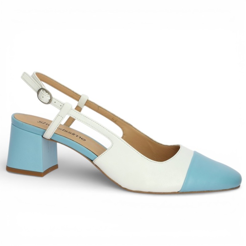 Escarpin grande taille sling back bleu et blanc 42, 43, 44, 45 Shoesissime, vue profil
